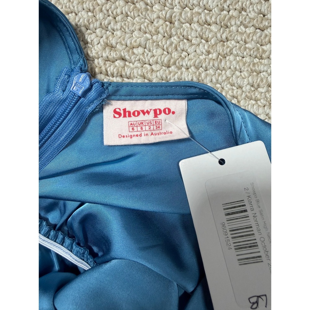 Showpo Kiarra Norman Halter Dress Satin Blue Size 2 Party Split Hem Cut V-Neck - Picture 5 of 9